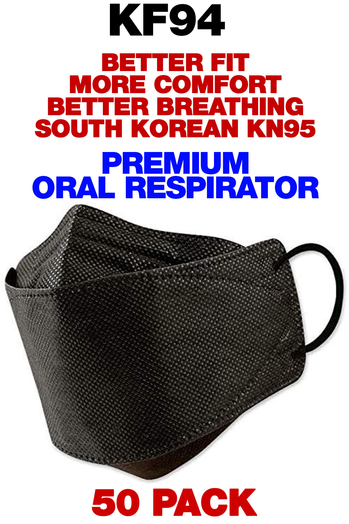 Black KF94 Face Mask - Individually Sealed - Premium Oral Respirator - 50 Pack