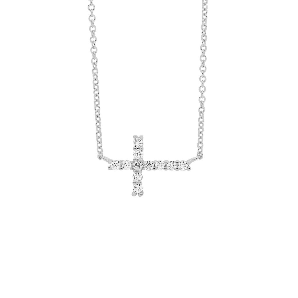 Ellani Sterling Silver Cubic Zirconia Horizontal Cross Necklace