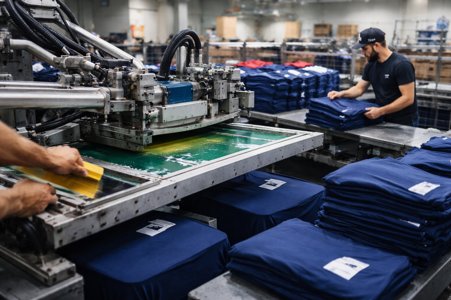 Screen printing press in action