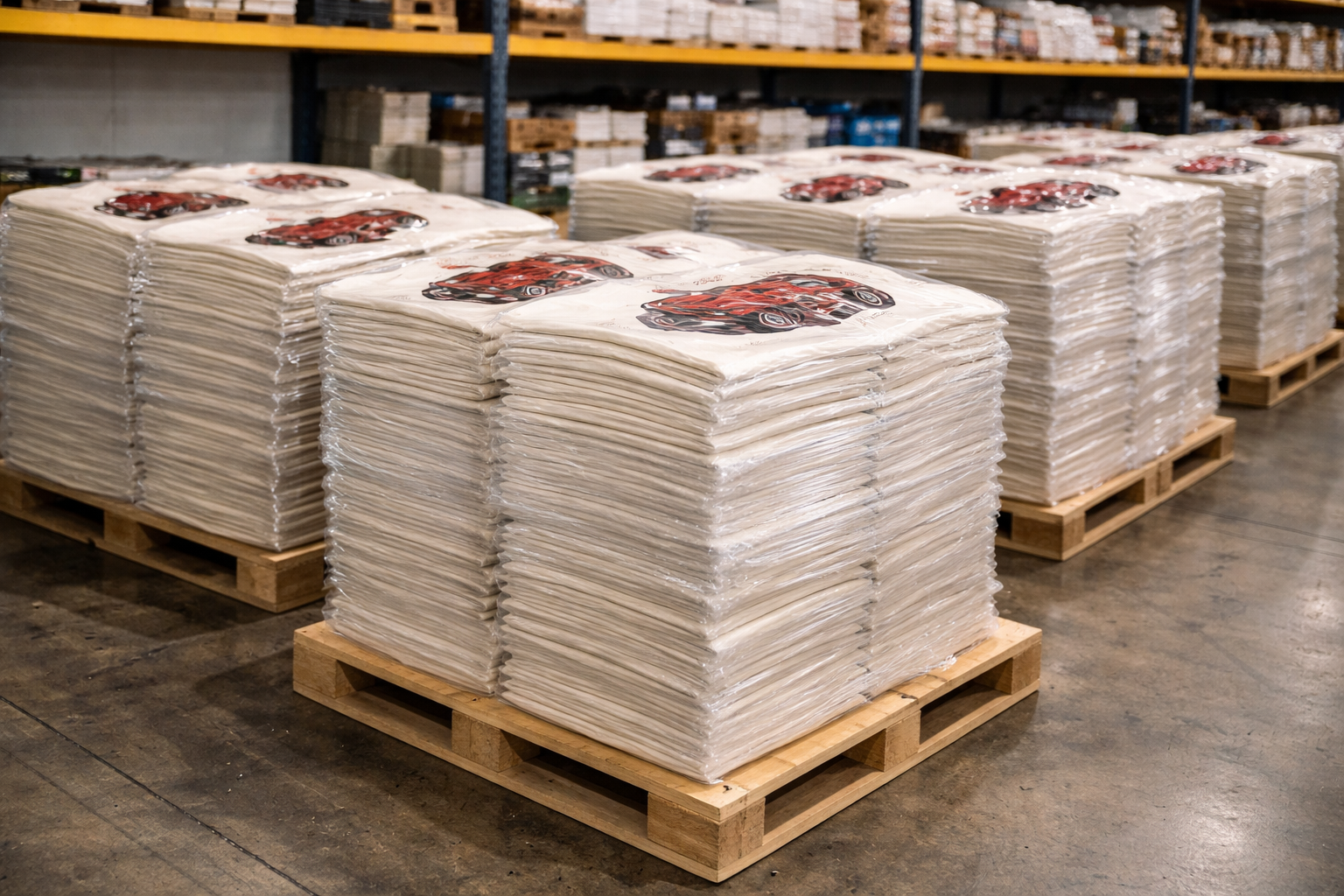 Warehouse stacks of printed shirts ready for production