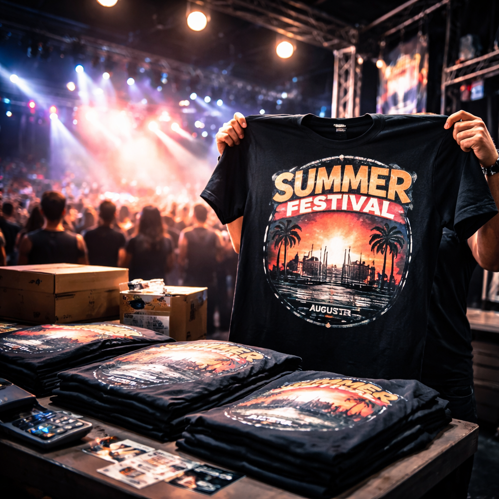 Event staff and attendees wearing matching printed event merchandise