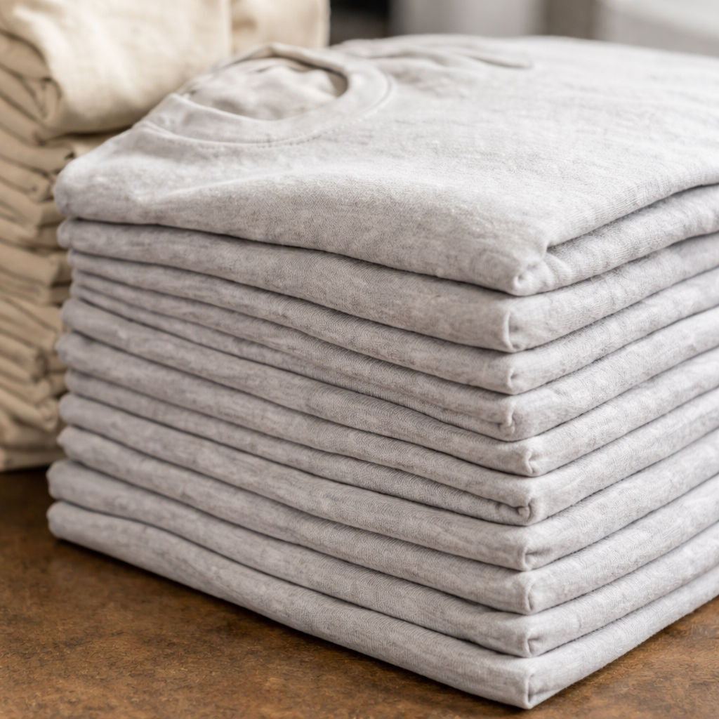 Stacks of folded shirts ready for production