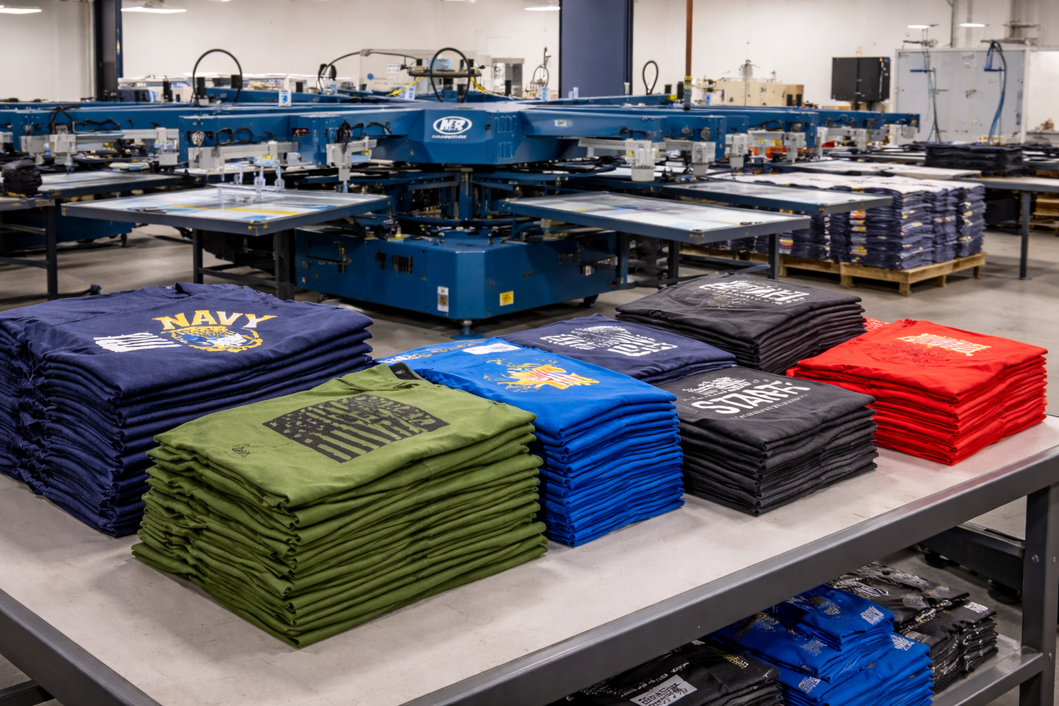Bulk screen printing production — pallets of stacked shirts ready for fulfillment