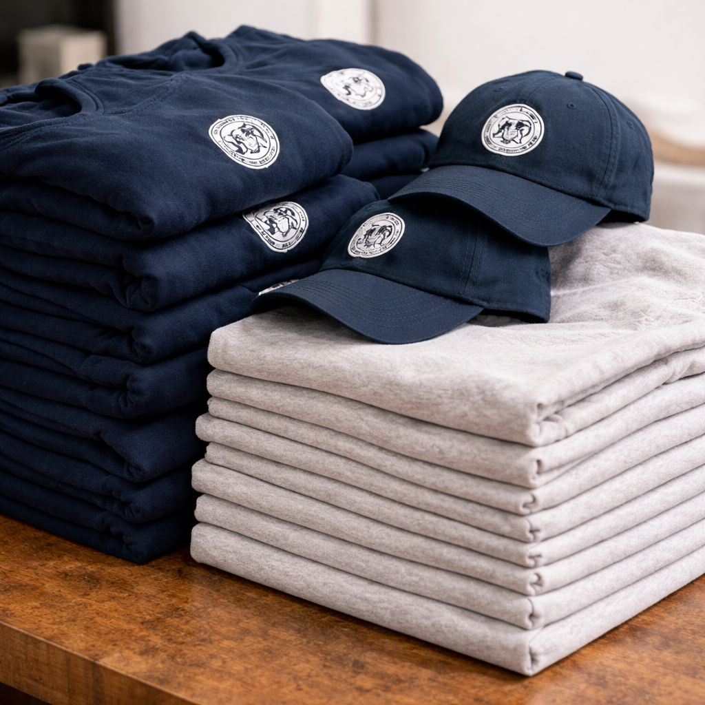 Stacks of printed garments and caps ready for production