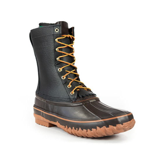 Angled view of the Black Buffalo Outfitter boot with focus on its high-traction Tire Tread™ outsole and sleek black bison leather, engineered for durability and stability during long hunts in rough terrain.