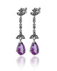 Amethyst & Marcasite Floral Elongated Drop Earrings – Oxidized Sterling Silver