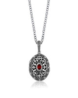 Garnet & Marcasite Art Deco–Inspired Oval Locket Pendant – Oxidized Sterling Silver