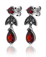Garnet & Marcasite Drop Earrings – Oxidized Sterling Silver