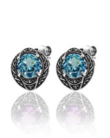 Blue Topaz & Marcasite Art Deco Stud Earrings – Oxidized Sterling Silver