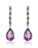 Amethyst & Marcasite Elongated Drop Earrings – Oxidized Sterling Silver