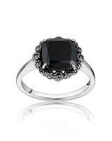 Black Spinel & Marcasite Cushion Ring – Sterling Silver