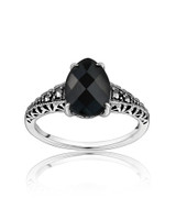 Black Spinel & Marcasite Pear Ring – Sterling Silver