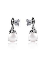 Freshwater Pearl & Marcasite Drop Earrings – Oxidized Sterling Silver