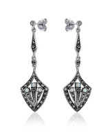Opal & Marcasite Art Deco Shield Drop Earrings – Oxidized Sterling Silver