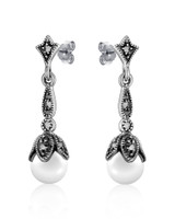 Freshwater Pearl & Marcasite Floral Drop Earrings – Oxidized Sterling Silver