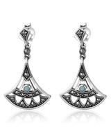 Opal & Marcasite Art Deco Fan Drop Earrings – Oxidized Sterling Silver