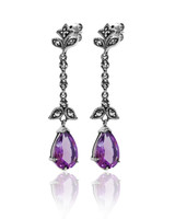 Amethyst & Marcasite Floral Elongated Drop Earrings – Oxidized Sterling Silver