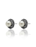 Pearl Marcasite Stud Earrings – Oxidized Sterling Silver