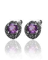 Amethyst & Marcasite Art Deco Stud Earrings – Oxidized Sterling Silver