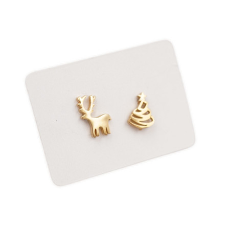 Gold Plated Stainless Steel Stud Earrings - Reindeer & Christmas Tree