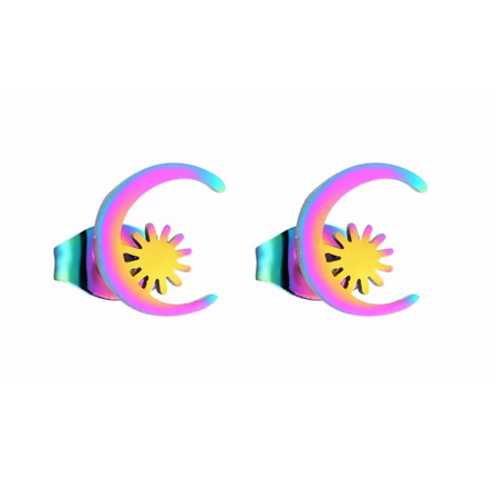 Titanium Coated Stainless Steel Stud Earrings - Moon & Sun