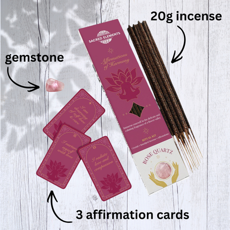 Affirmation of Harmony Crystal Smudge Incense Kit with Rose Quartz