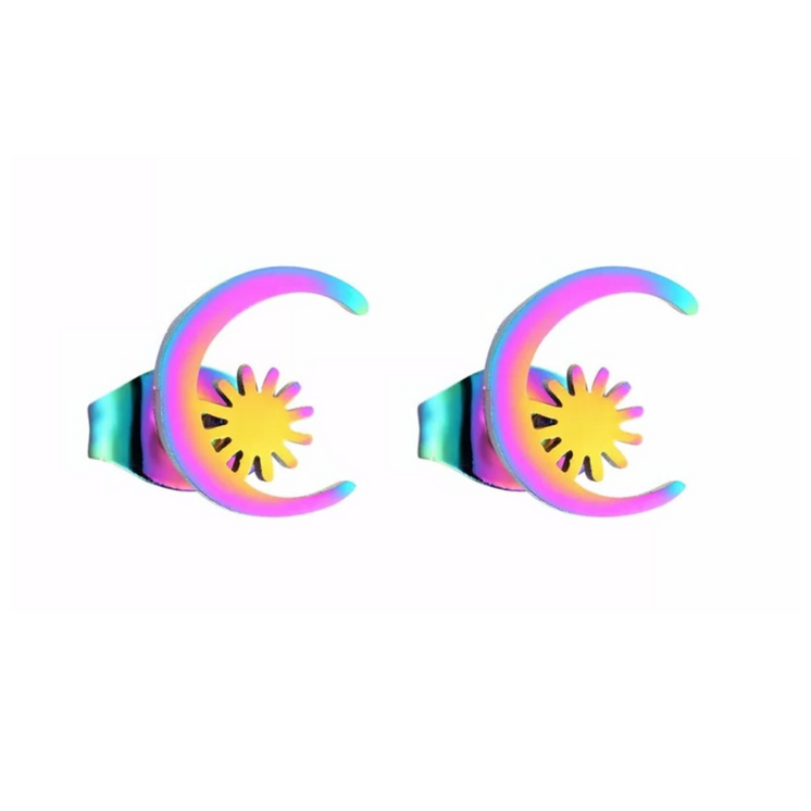 Titanium Coated Stainless Steel Stud Earrings - Moon & Sun