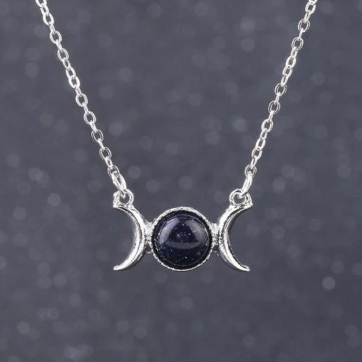 Triple Moon Goddess Necklace - Blue Goldstone