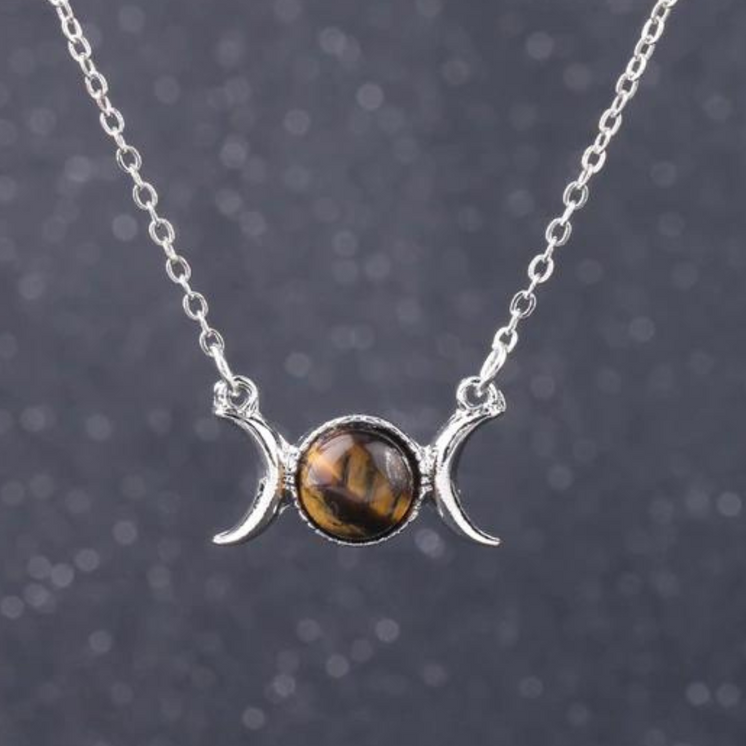 Triple Moon Goddess Necklace - Tiger Eye