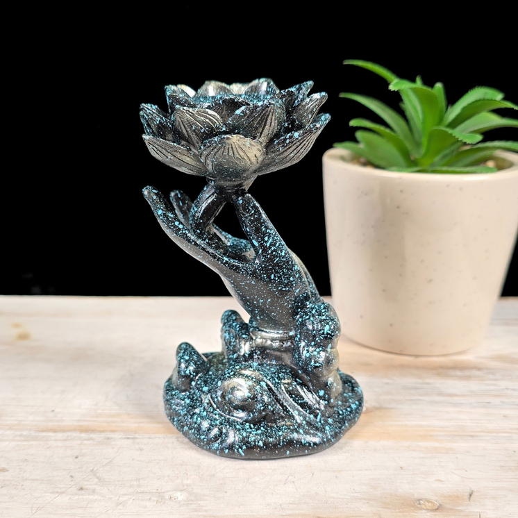 Blue Speckled on Black Hand with Lotus Sphere Stand