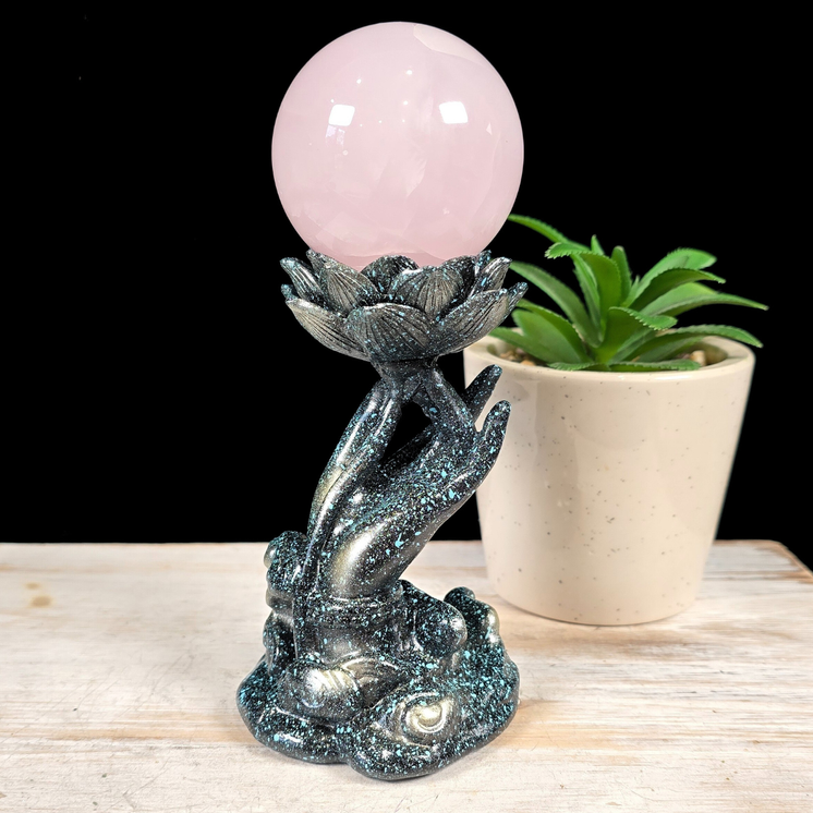 Blue Speckled on Black Hand with Lotus Sphere Stand