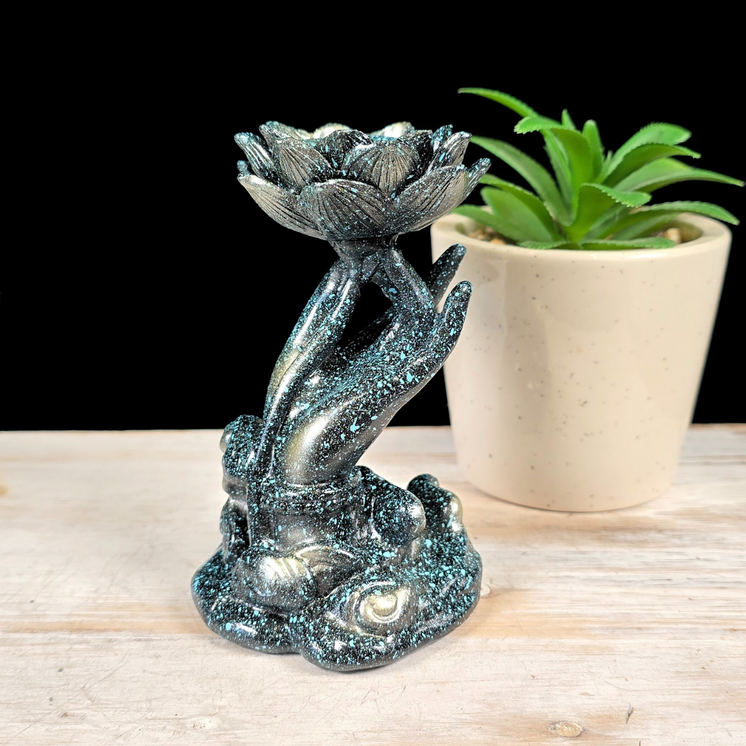 Blue Speckled on Black Hand with Lotus Sphere Stand