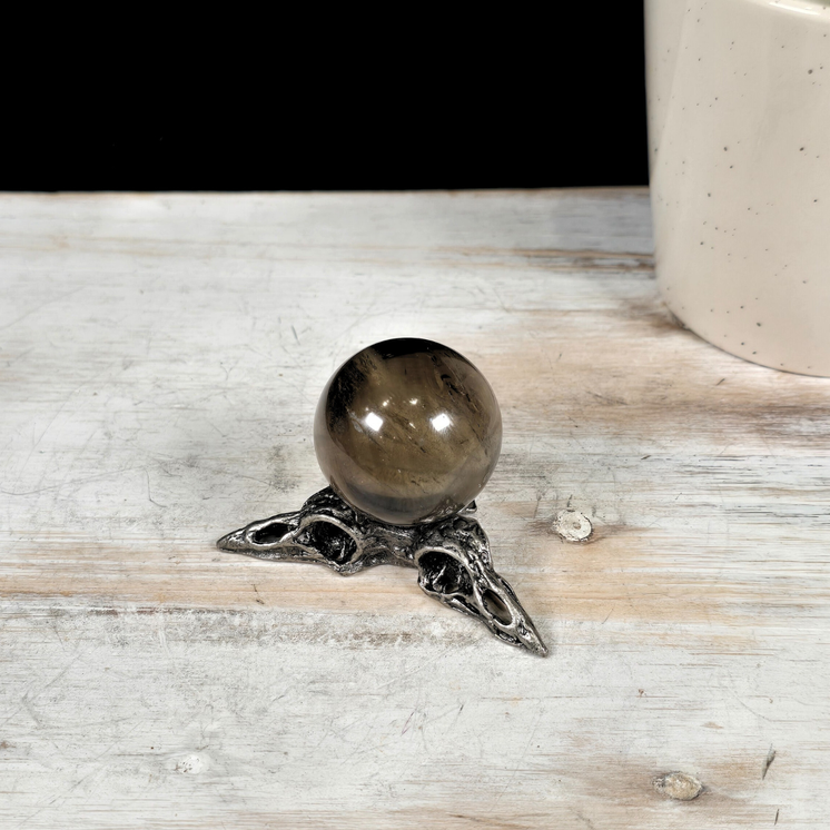 Silver Raven Skull Metal Sphere Stand