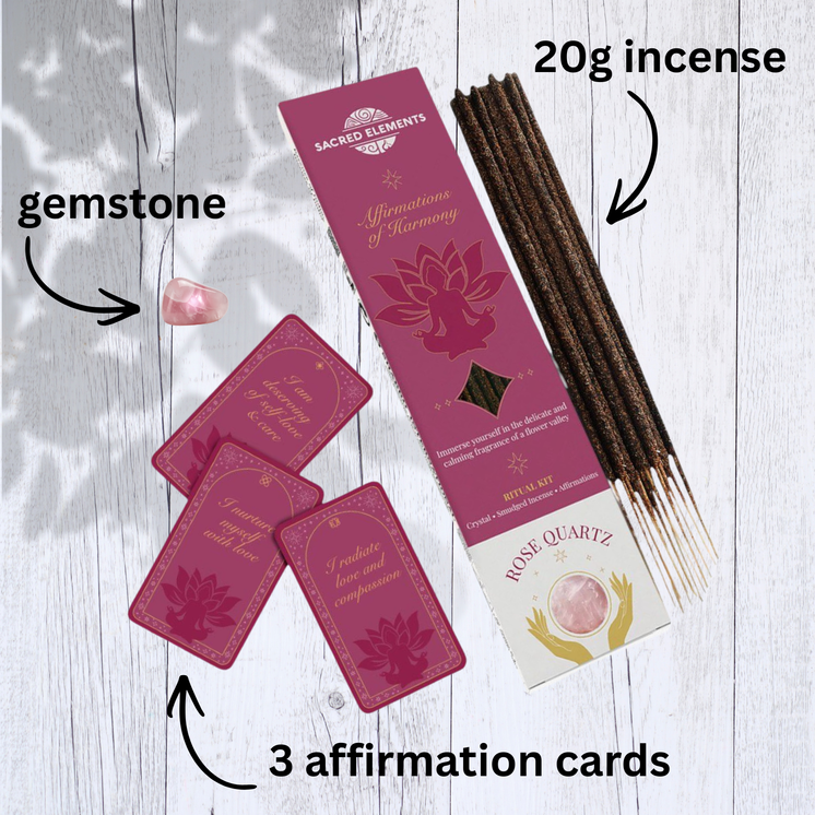 Affirmation of Harmony Crystal Smudge Incense Kit with Rose Quartz