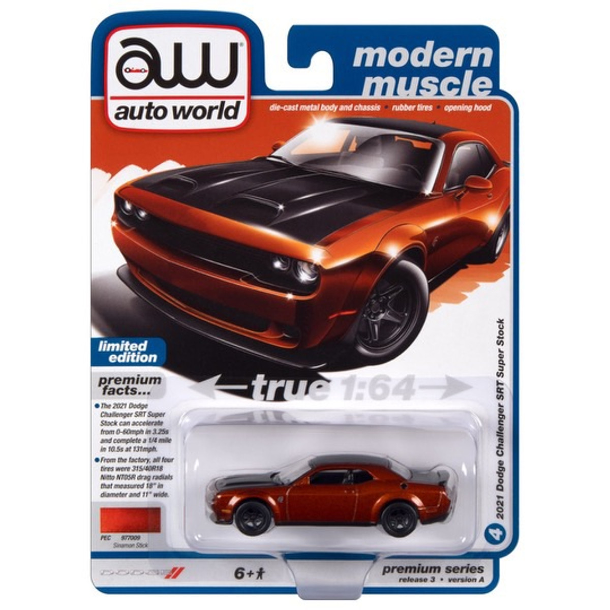 2023 Auto World Modern Muscle 2021 Dodge Challenger SRT Super Stock Sinamon  Stick Metallic With Flat Black Hood, Roof & Trunk Release 3A