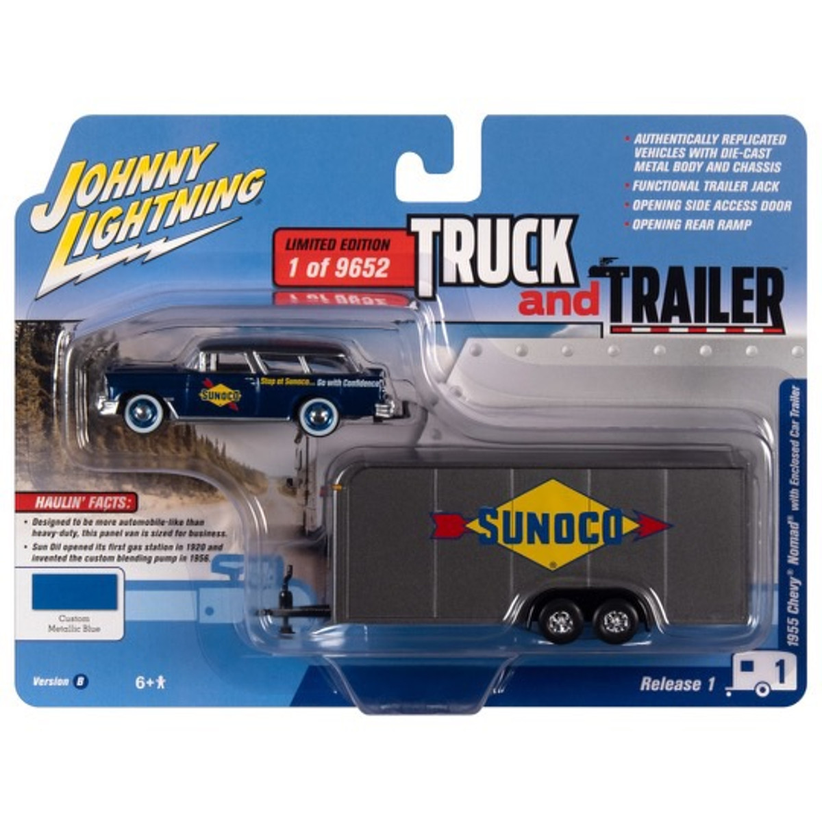 Johnny Lightning 1:64 1955 Chevrolet Nomad with Enclosed Car Trailer Sunoco  Truck and Trailer Release 1 Version B