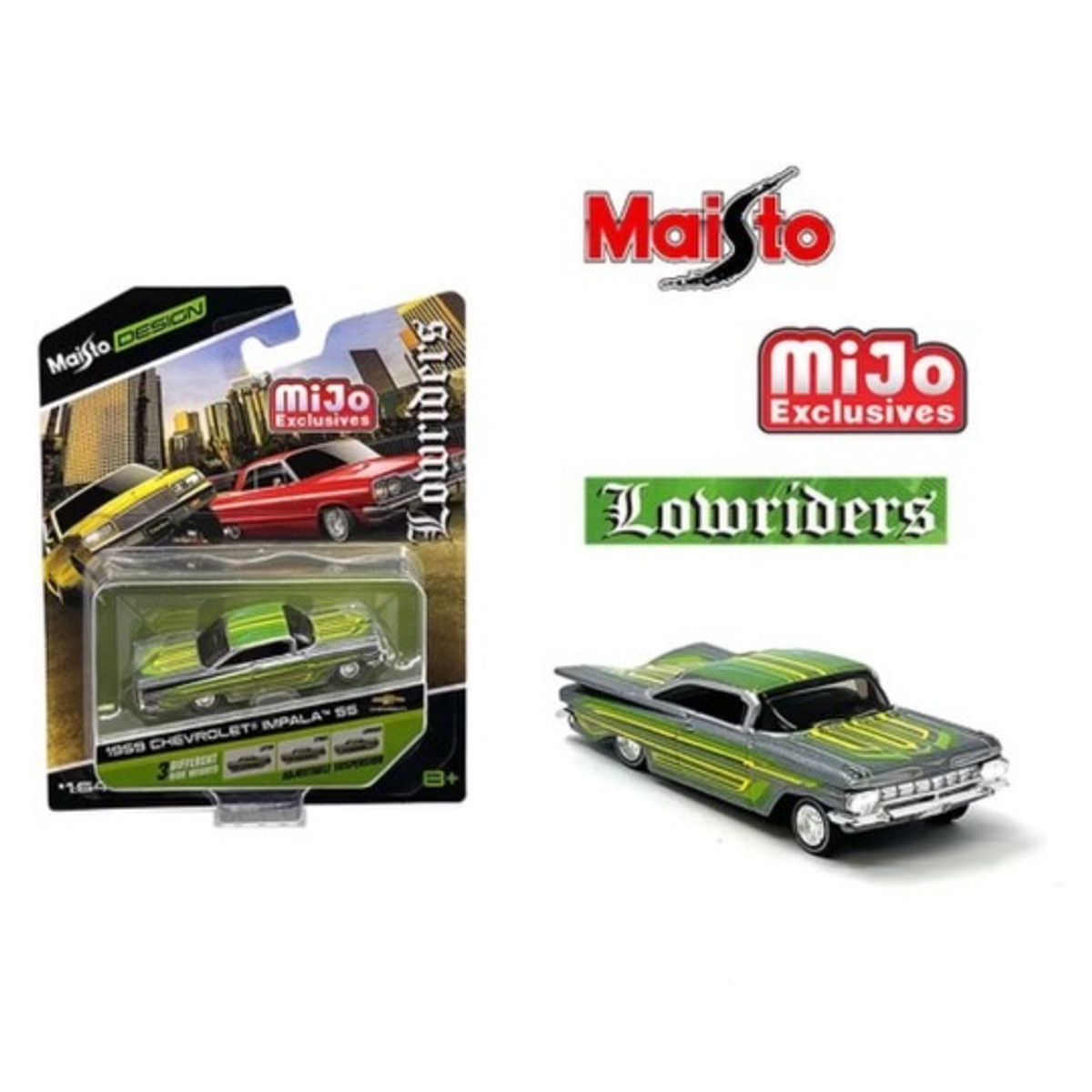 Maisto 1:64 1959 Chevrolet Impala SS – Silver – Design Lowriders MiJo Exclusives Adjustable Suspension Limited Edition 1 Of 3600 