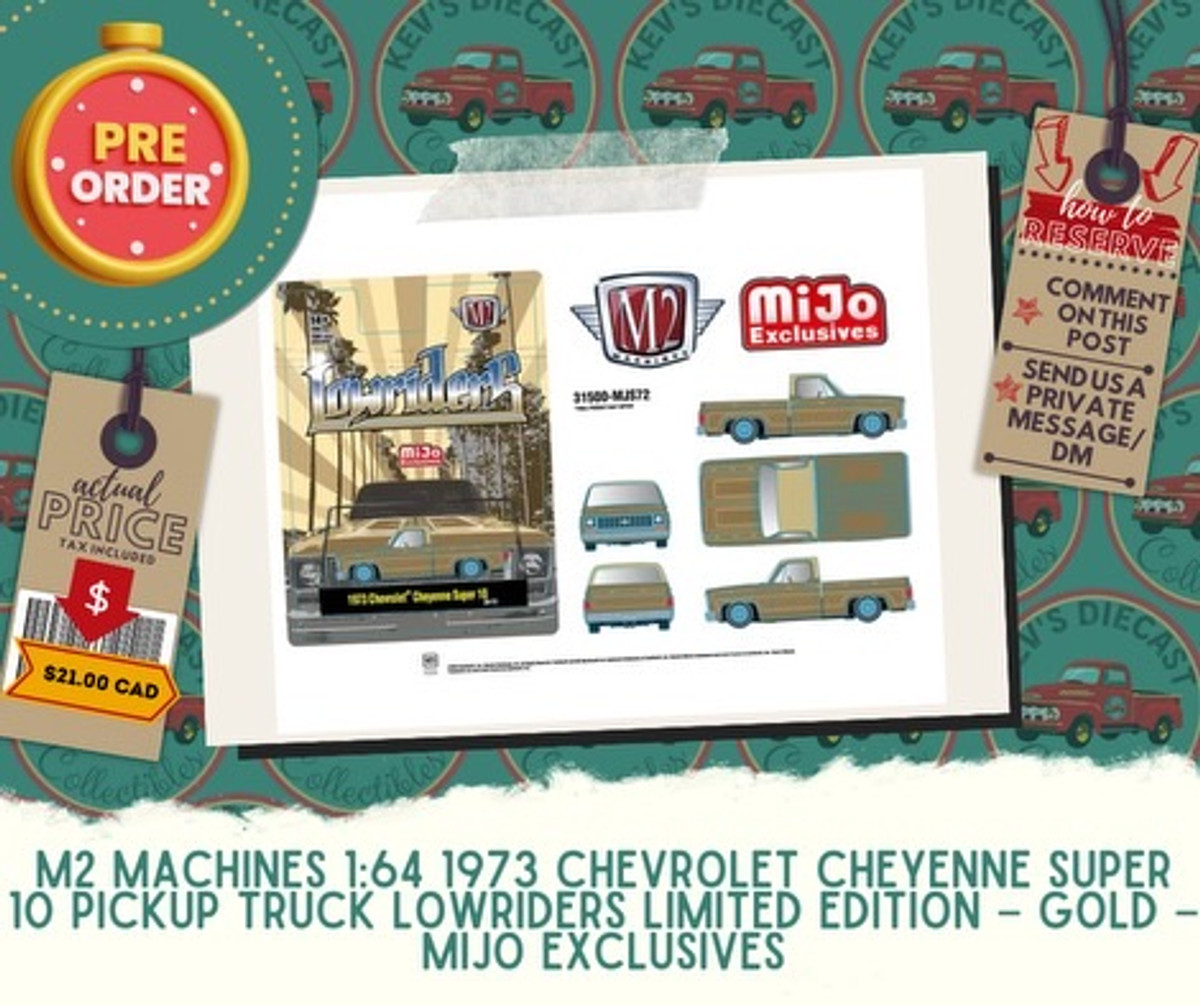 PREORDER: M2 Machines 1:64 1973 Chevrolet Cheyenne Super 10 Pickup Truck Lowriders Limited Edition – Gold – Mijo Exclusives