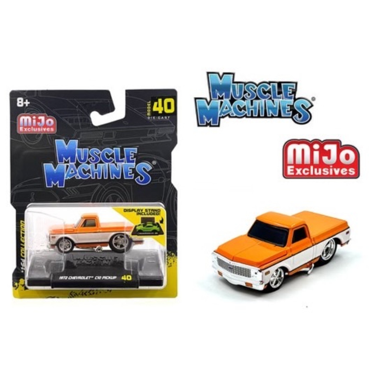 Muscle Machines 1:64 1972 Chevrolet C-10 Pick Up Limited Edition – White with Orange – Mijo Exclusives