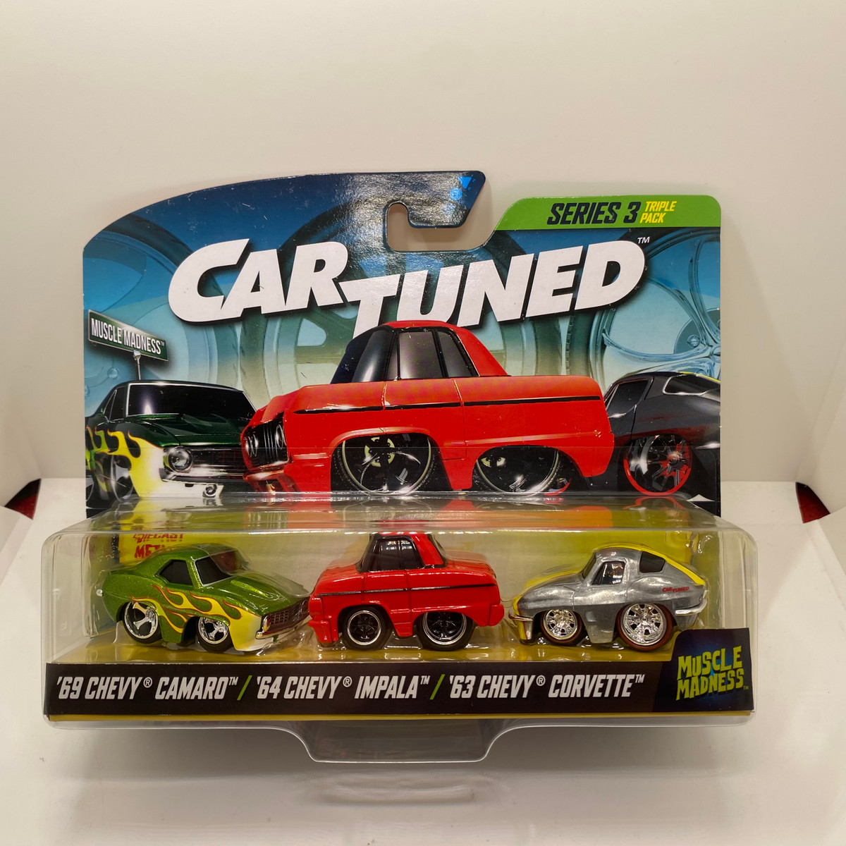 2025 Car Tuned 1:64 Lowriders Series 3 Muscle Madness 3 Pack – 1969 Chevrolet Camaro, 1964 Chevrolet Impala, 1963 Chevrolet Corvette