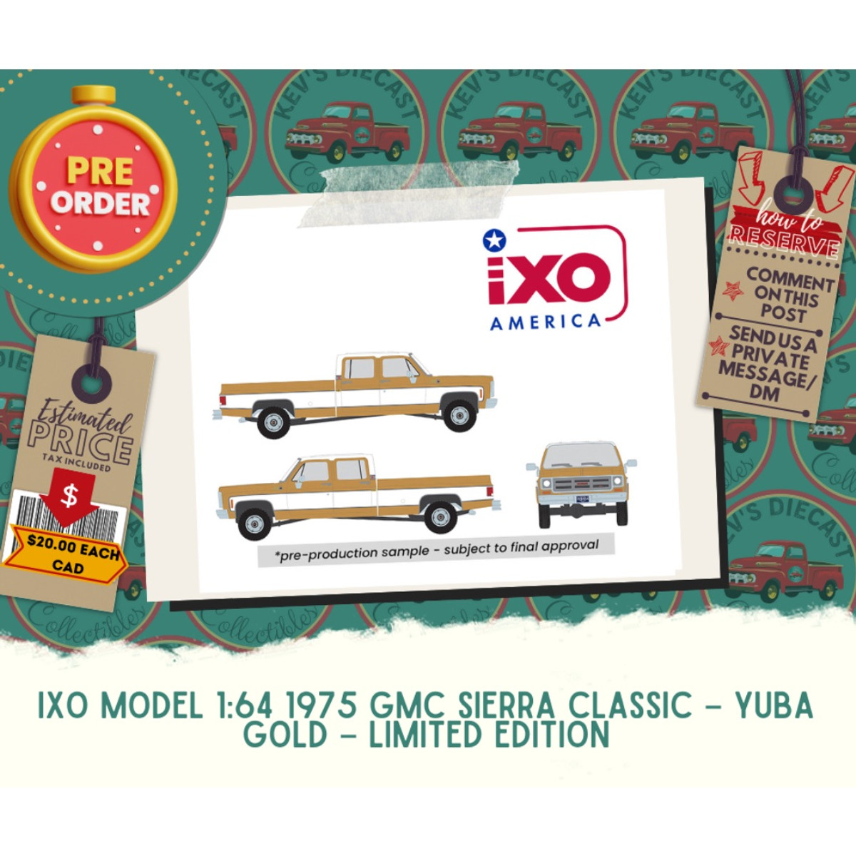 PREORDER: IXO Model 1:64 1975 GMC Sierra Classic In Yuba Gold 