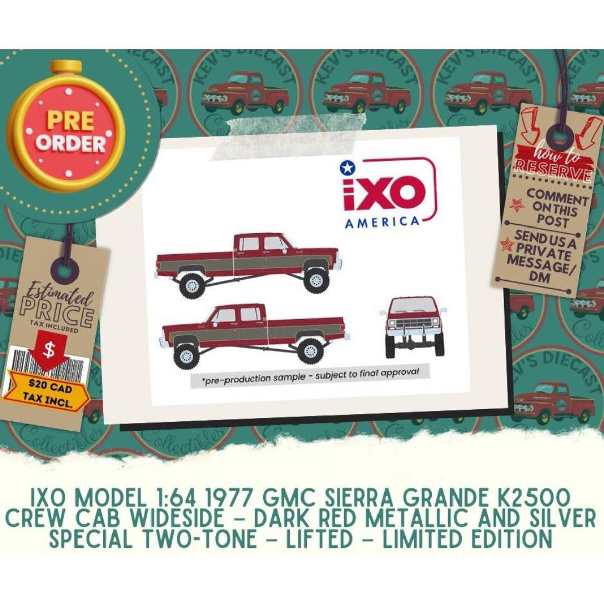 PREORDER: IXO Model 1:64 1977 GMC Sierra Grande K2500 Crew Cab Wideside – Dark Red Metallic and Silver Special Two-Tone – Lifted – Limited Edition