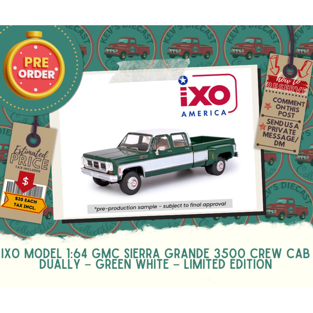 PREORDER: IXO Model 1:64 GMC Sierra Grande 3500 Crew Cab Dually – Green White – Limited Edition