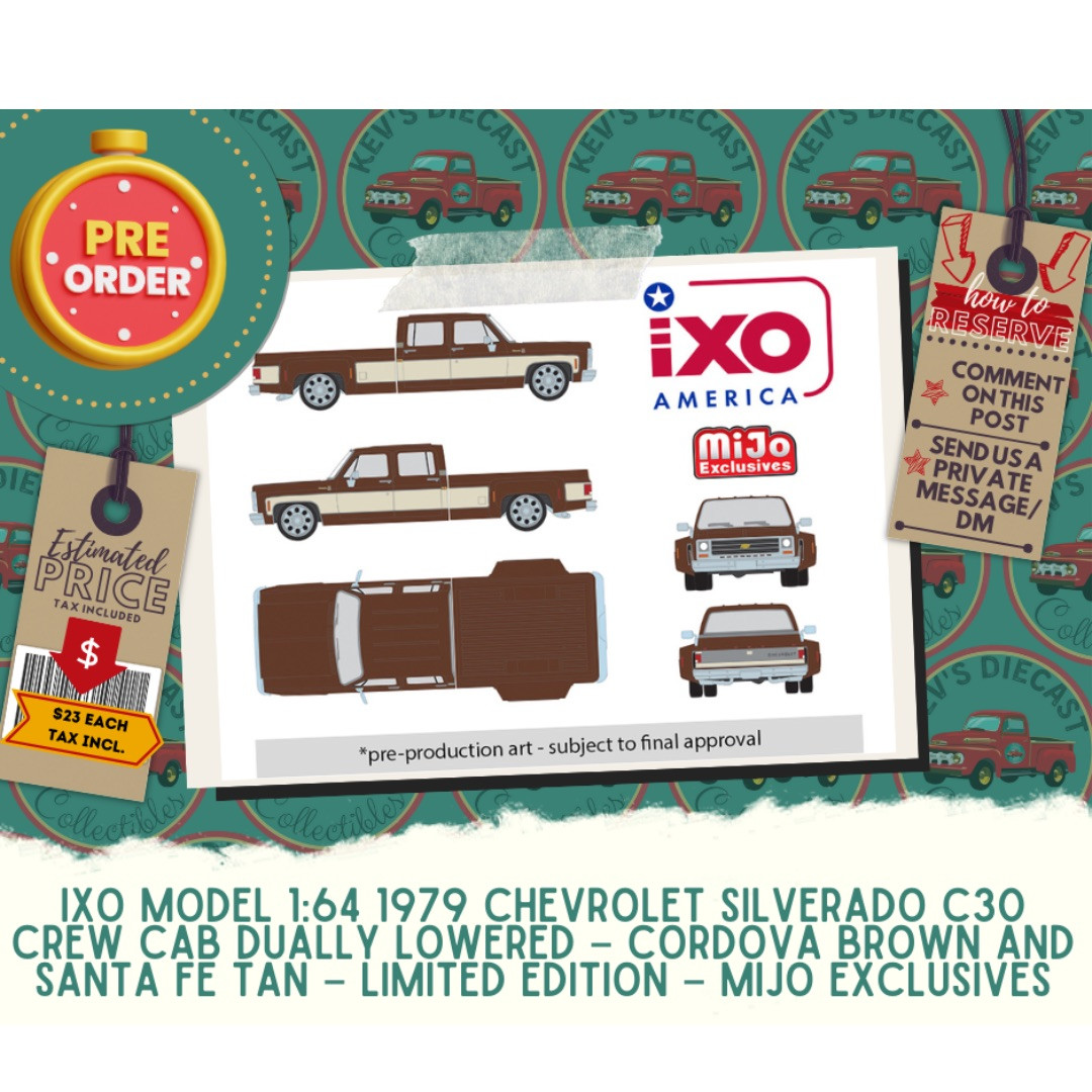 PREORDER: IXO Model 1:64 1979 Chevrolet Silverado C30 Crew Cab Dually Lowered – Cordova Brown and Santa Fe Tan – Limited Edition – Mijo Exclusives