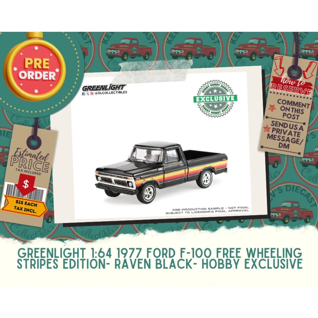 PREORDER: Greenlight 1:64 1977 Ford F-100 Free Wheeling Stripes Edition- Raven Black- Hobby Exclusive