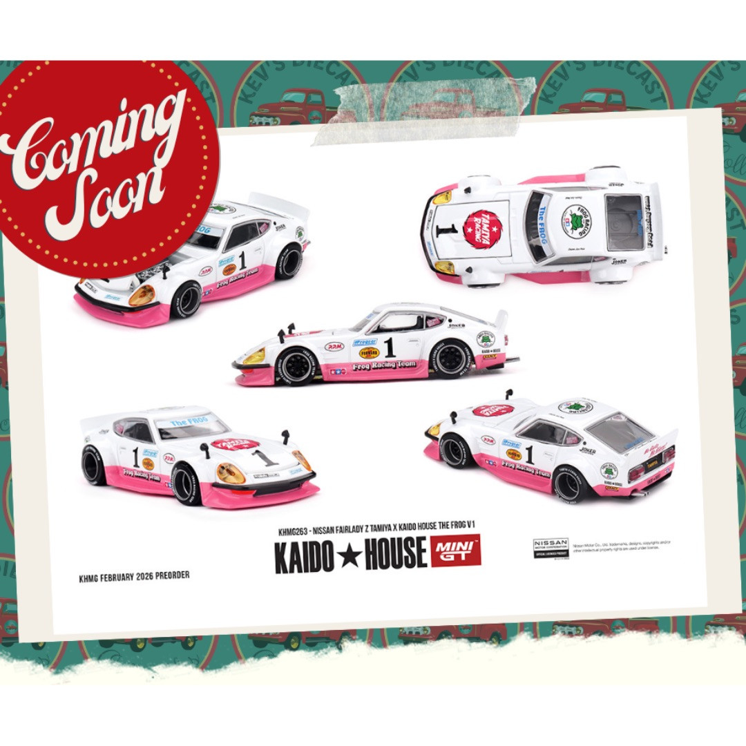 PREORDER: Kaido House x Mini GT 1:64 Nissan Fairlady Z Tamiya x Kaido House The Frog V1 – White/Pink KHMG263 ETA JULY 