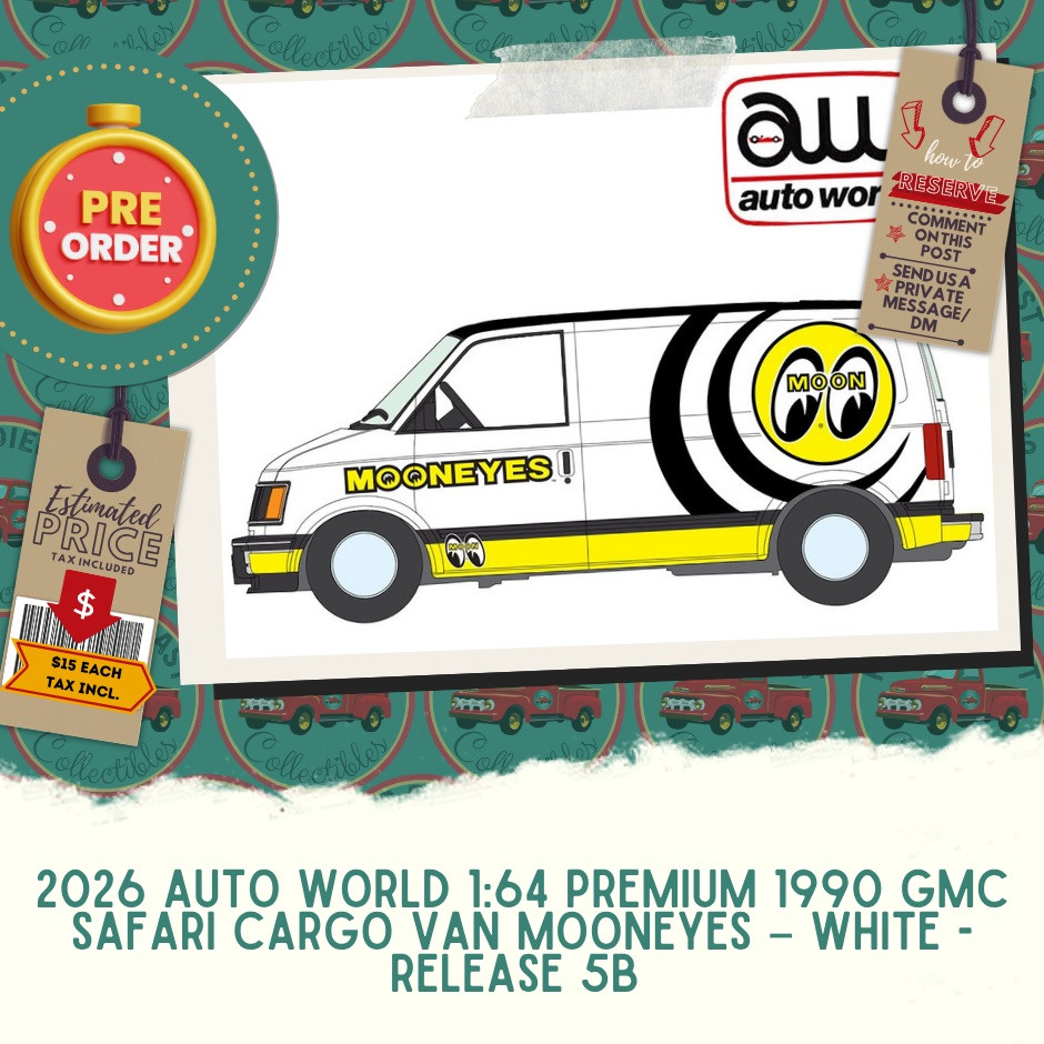 PREORDER: 2026 Auto World 1:64 Premium 1990 GMC Safari Cargo Van Mooneyes – White - Release 5B 