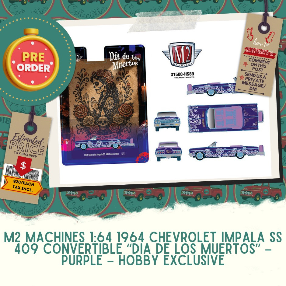 PREORDER: M2 Machines 1:64 1964 Chevrolet Impala SS 409 Convertible “Dia De Los Muertos” – Purple – Hobby Exclusive