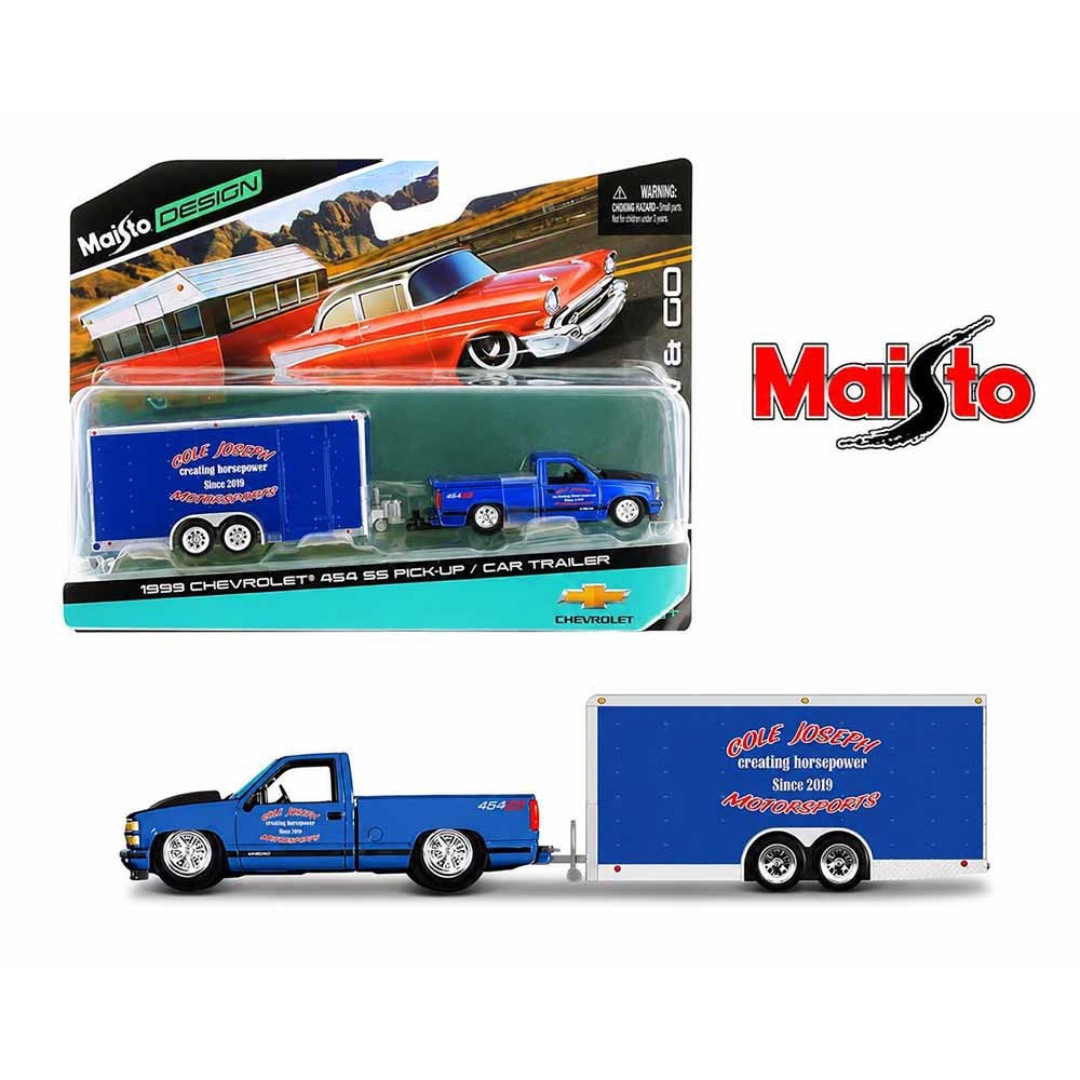 Maisto 1:64 Tow & Go Design 1999 Chevrolet 454 SS Pick-Up w/ Car Trailer 
