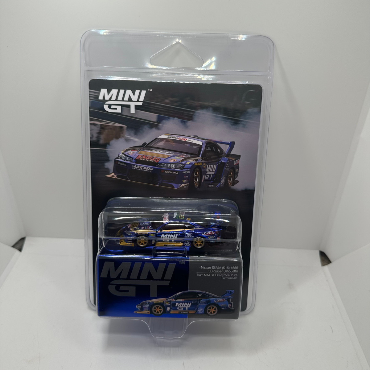 Mini GT 1:64 Nissan LB-Super Silhouette S15 SILVIA #555 Team MINI GT Liberty Walk 2025 Formula Drift – Chrome Blue - Blister Carded